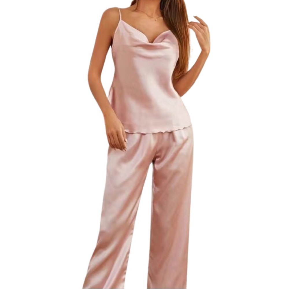 Satin Cowl Neck Pajama Set - Blush Pink